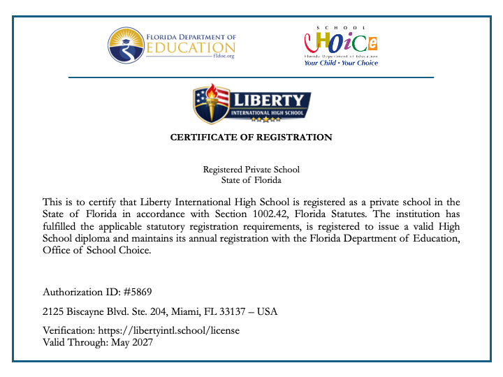 Certificate of Registration - Liberty International High School